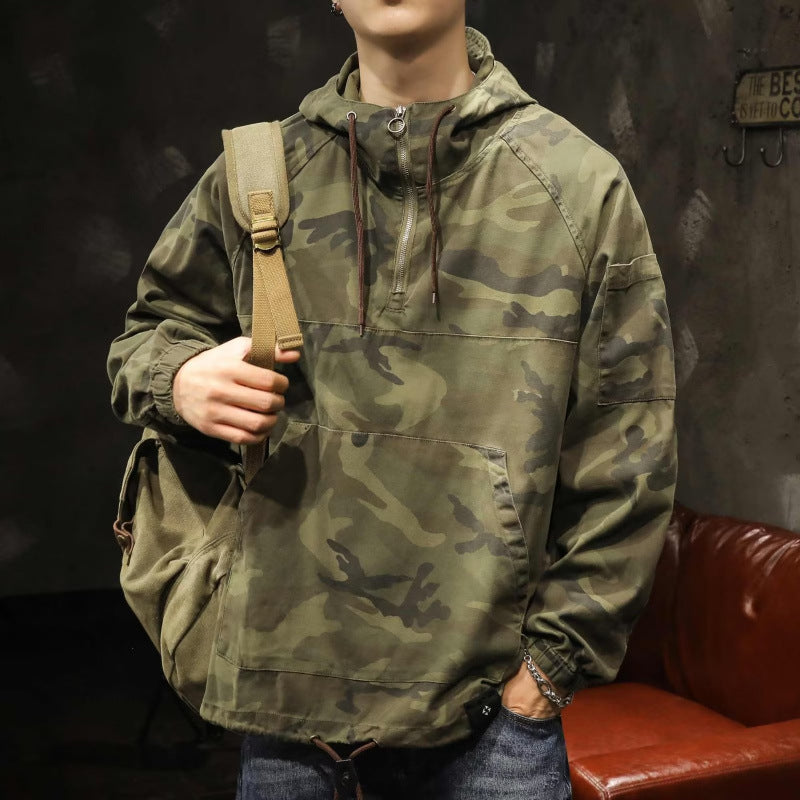 Men's Hooded Anorak with Half Zip, Kangaroo Pocket and Drawstring Hem Mune Fashion