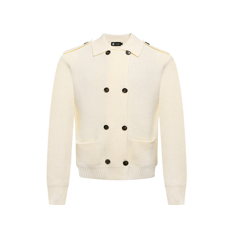 Men's knit double-breasted cardigan with collar, shoulder tabs, and welt pockets Mune Fashion