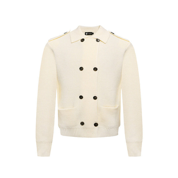 Men's knit double-breasted cardigan with collar, shoulder tabs, and welt pockets Mune Fashion