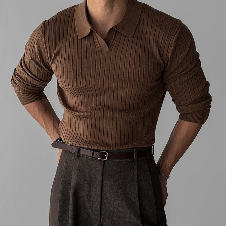 Men's fitted ribbed polo sweater with open V-neck and slim fit Mune Fashion