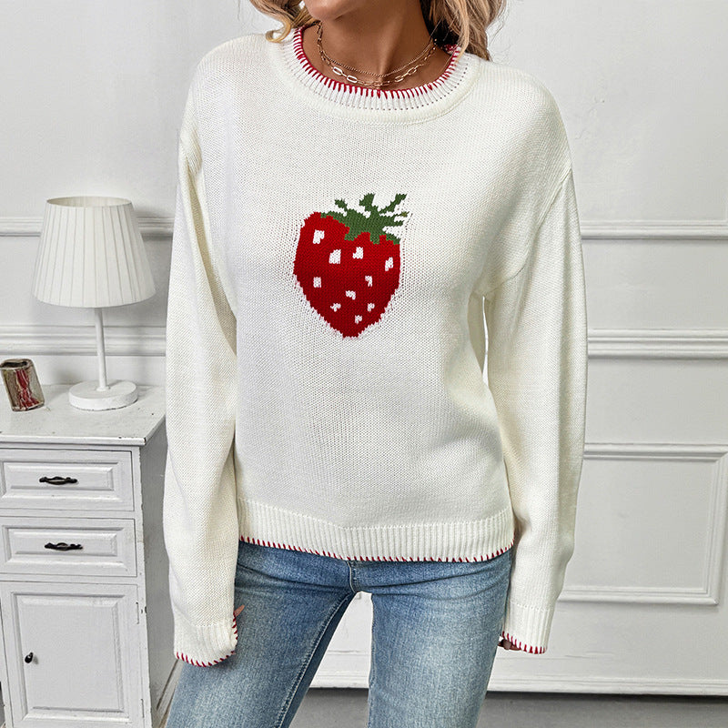 Women Playful Sweater with Strawberry Motif Mune Fashion