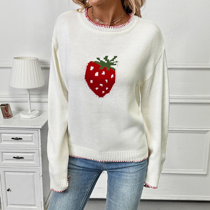 Women Playful Sweater with Strawberry Motif Mune Fashion