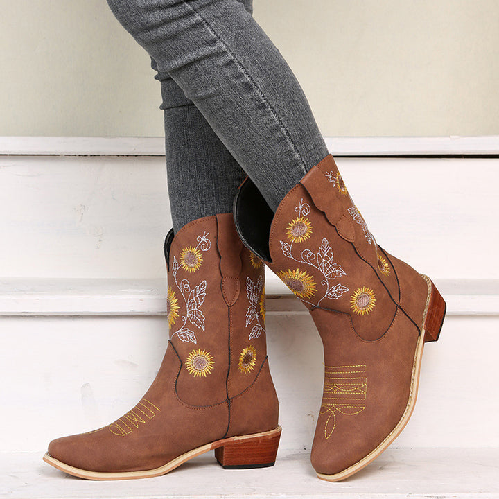 Women Embroidered Western Boots with Sunflower Design and Medium Block Heel Mune Fashion