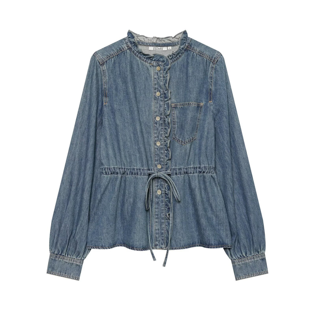 Women's jeans blouse with ruffle trim, drawstring waist and cuffed sleeves Mune Fashion