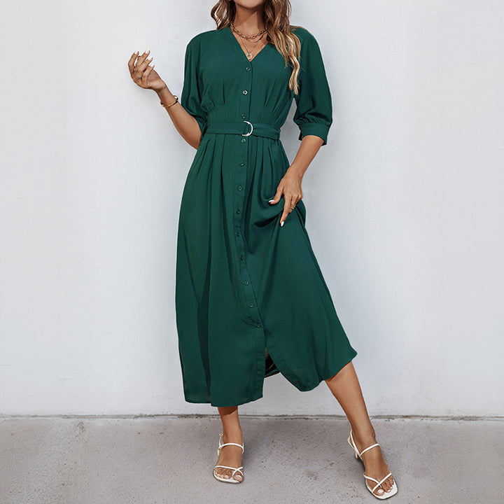 Women's midi dress with continuous button placket, V-neck and D-ring waist belt Mune Fashion