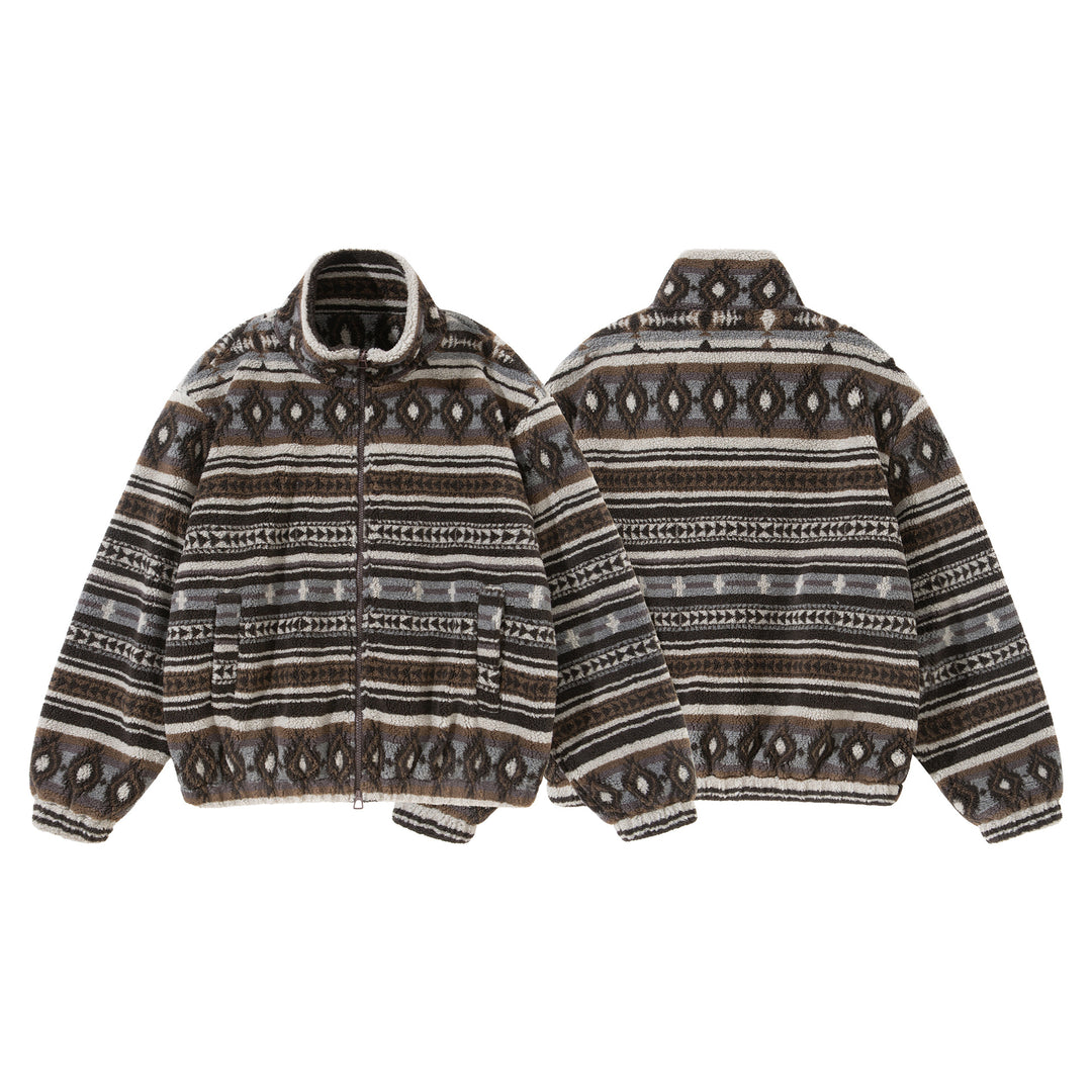 Unisex Short Jacket made of Teddy Fleece with Ethno Pattern and Stand-Up Collar Mune Fashion