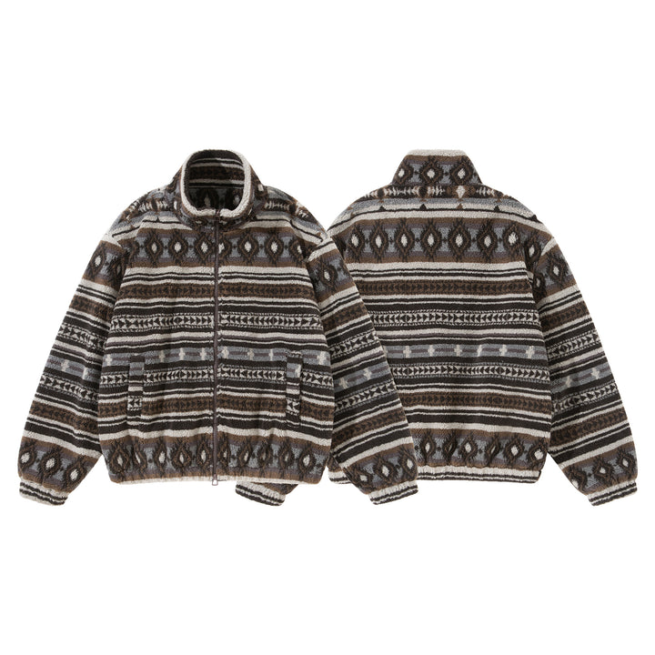 Unisex Short Jacket made of Teddy Fleece with Ethno Pattern and Stand-Up Collar Mune Fashion