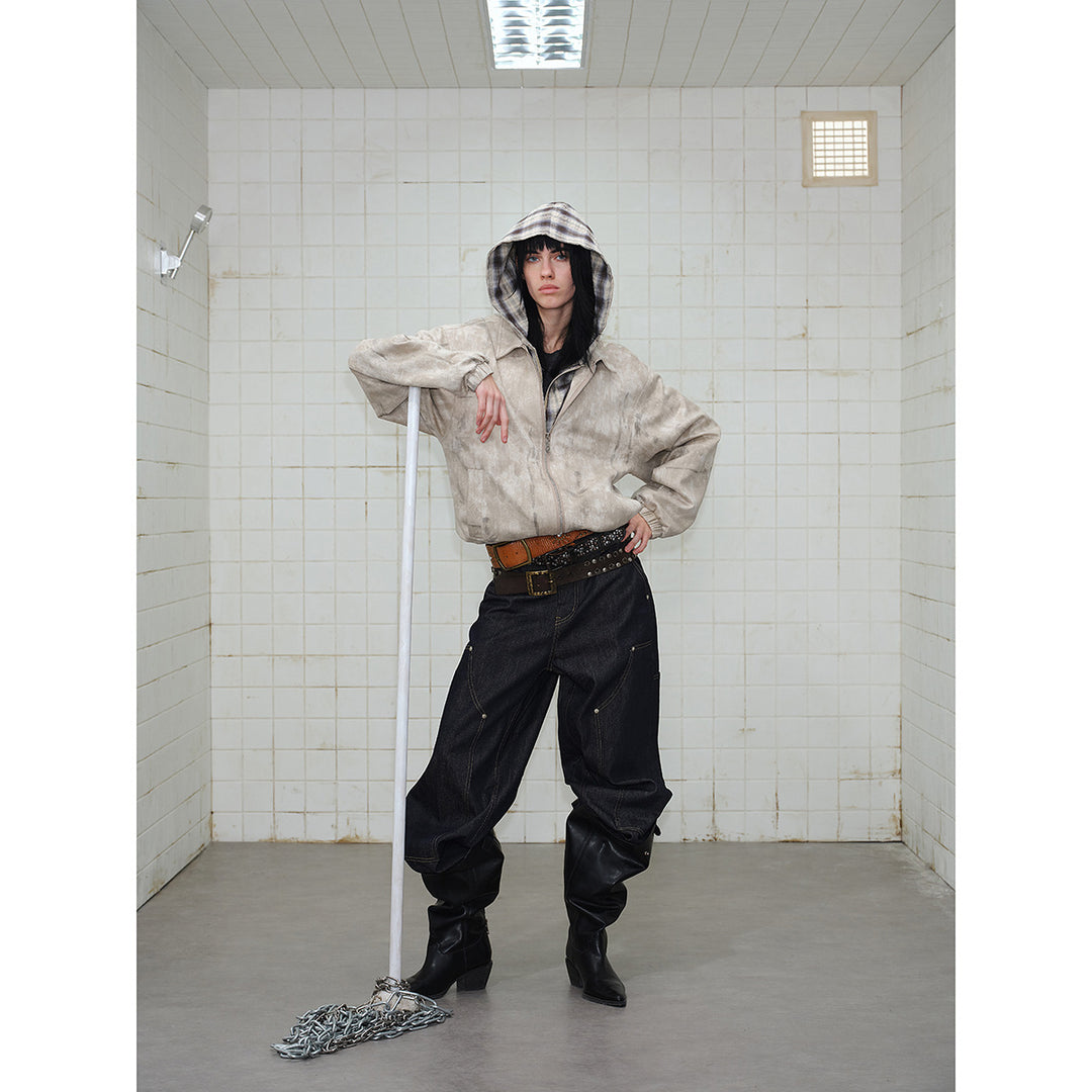 Unisex Short Cut Boxy Jacket in Suede Look with Checked Lined Hood Mune Fashion
