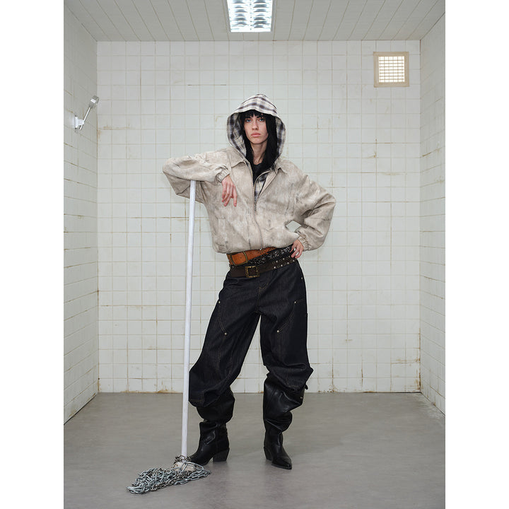 Unisex Short Cut Boxy Jacket in Suede Look with Checked Lined Hood Mune Fashion
