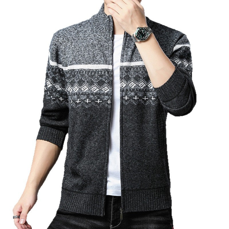 Men's Norwegian Pattern Cardigan with Full Zip and Stand-Up Collar Mune Fashion