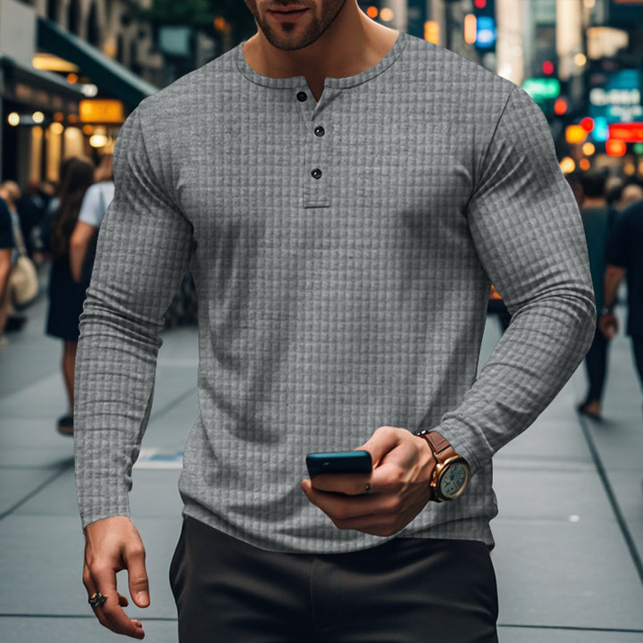 Men's fitted long-sleeve shirt with round neck button placket and waffle structure Mune Fashion