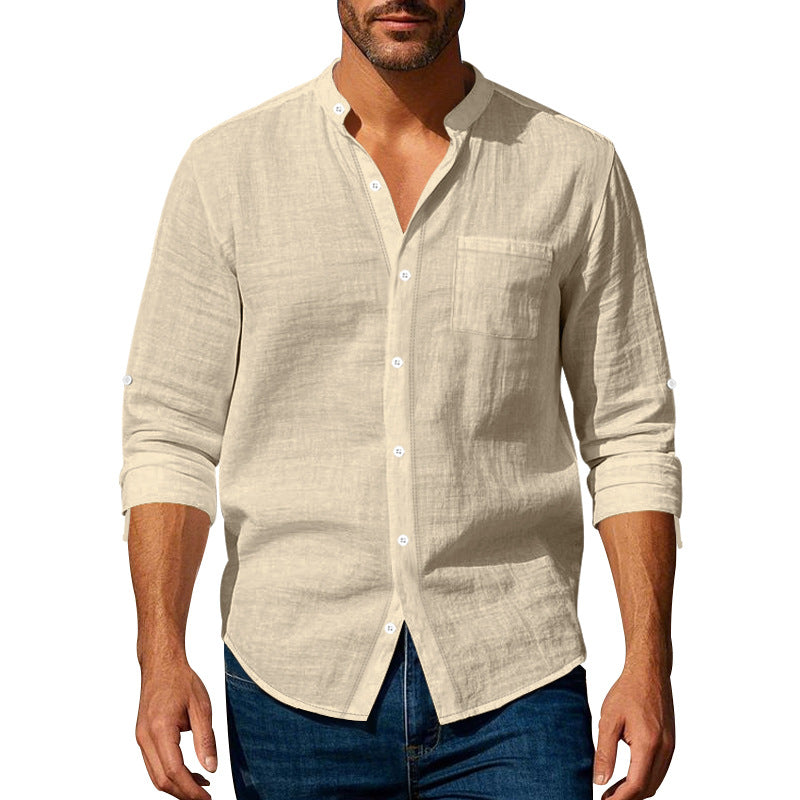 Men's linen-cotton shirt with stand-up collar, roll-up sleeves, and chest pocket Mune Fashion