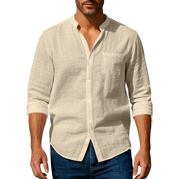 Men's linen-cotton shirt with stand-up collar, roll-up sleeves, and chest pocket Mune Fashion