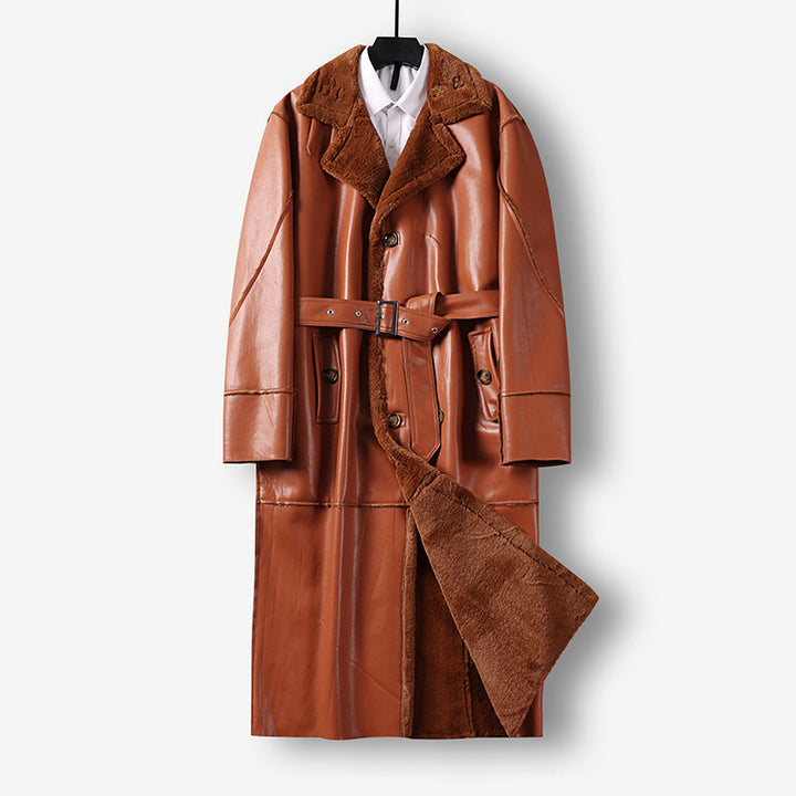Men's Maxi Long Faux Leather Coat with Teddy Lining and Waist Belt Mune Fashion