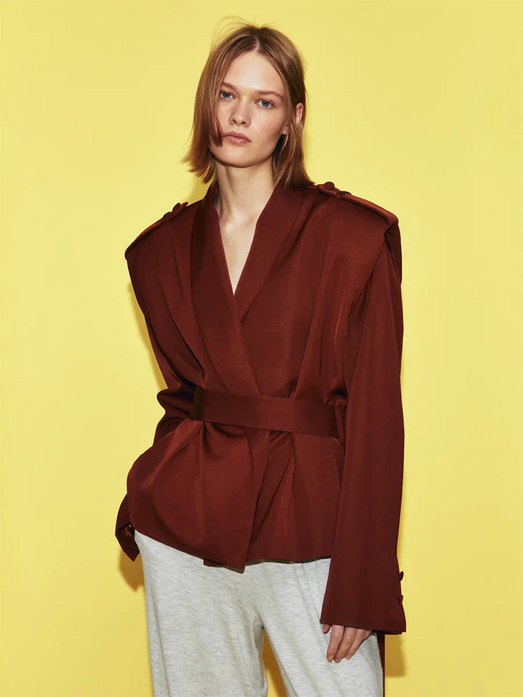 Women Tailored Wrap Blazer with Wide Belt and Decorative Epaulettes Mune Fashion