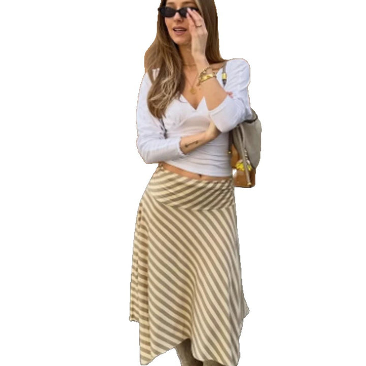Women's Striped A-Line Midi Skirt with Asymmetrical Hem and Flowing Silhouette Mune Fashion