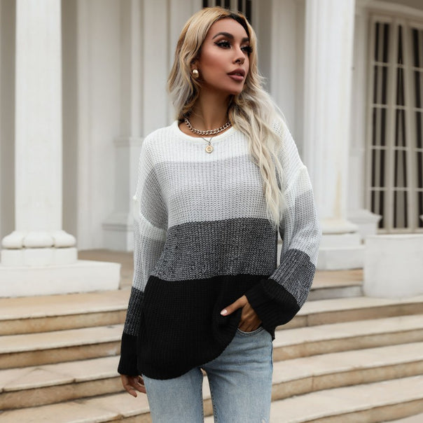 Women's Oversized Colorblock Knit Sweater with Straight Hem and Balloon Sleeves Mune Fashion