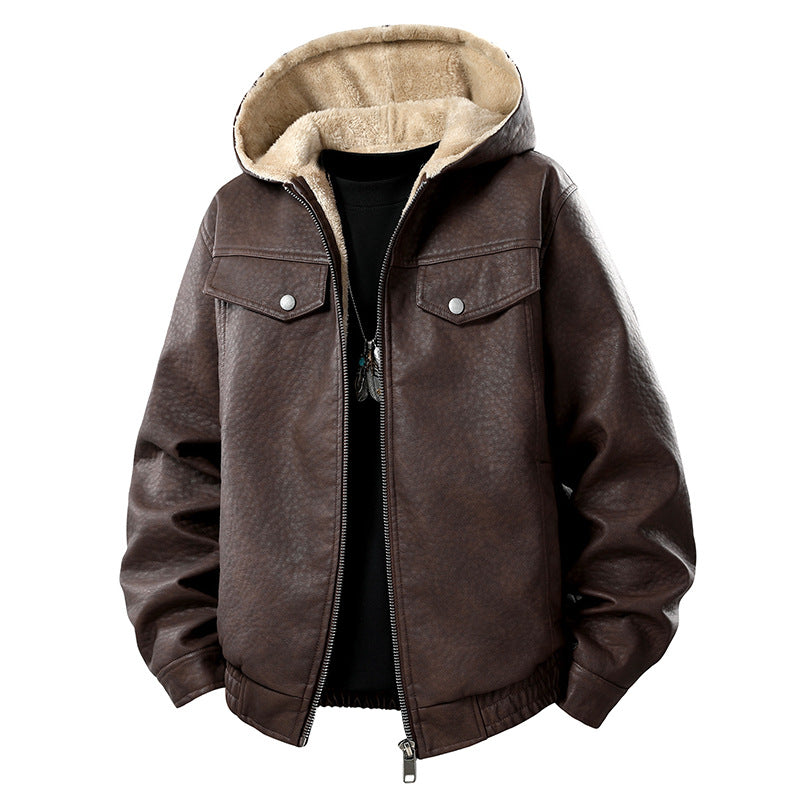 Herren Lederoptik-Blouson mit Kapuze, Teddyfutter und aufgesetzten Fronttaschen Mune Fashion