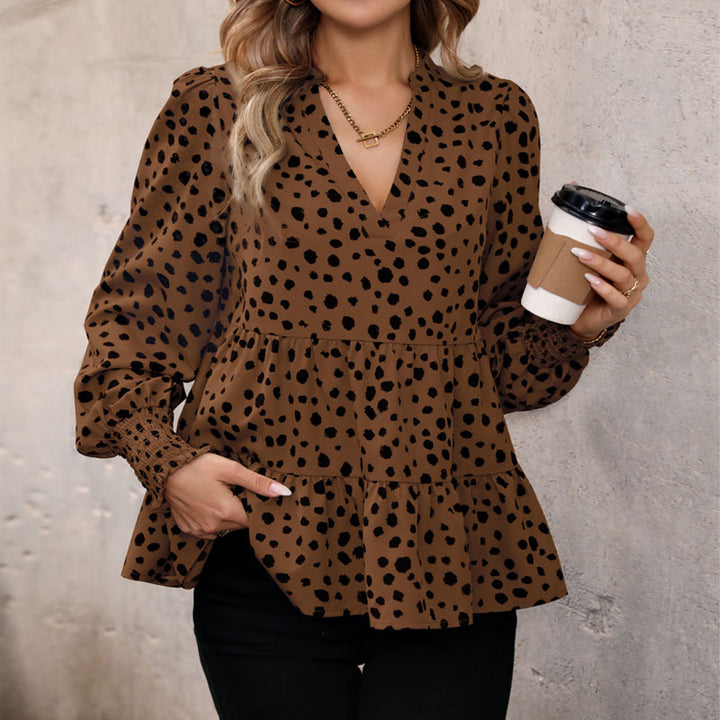 Ladies V neck tunic with tiered hem, smocked cuffs and polka dot all-over print Mune Fashion