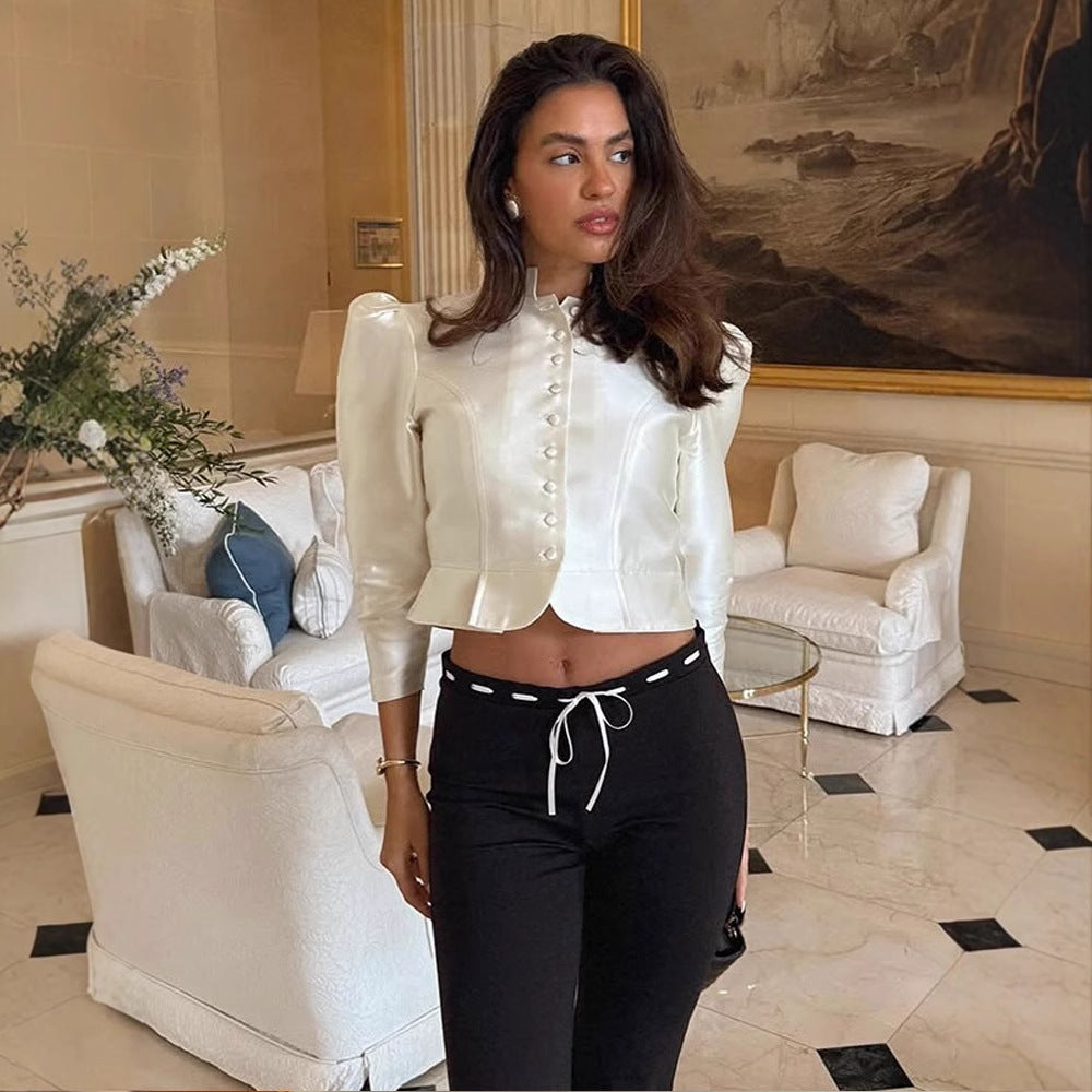 Women Satin Two-Piece with Tailored Short Jacket, Stand Collar & High-Waist Wide Pants Mune Fashion