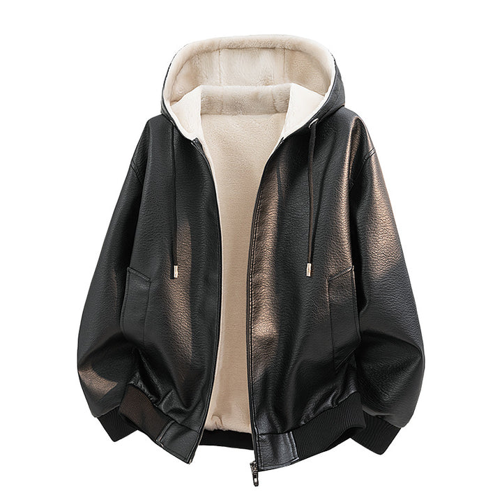Men's leather hooded jacket with teddy lining Mune Fashion