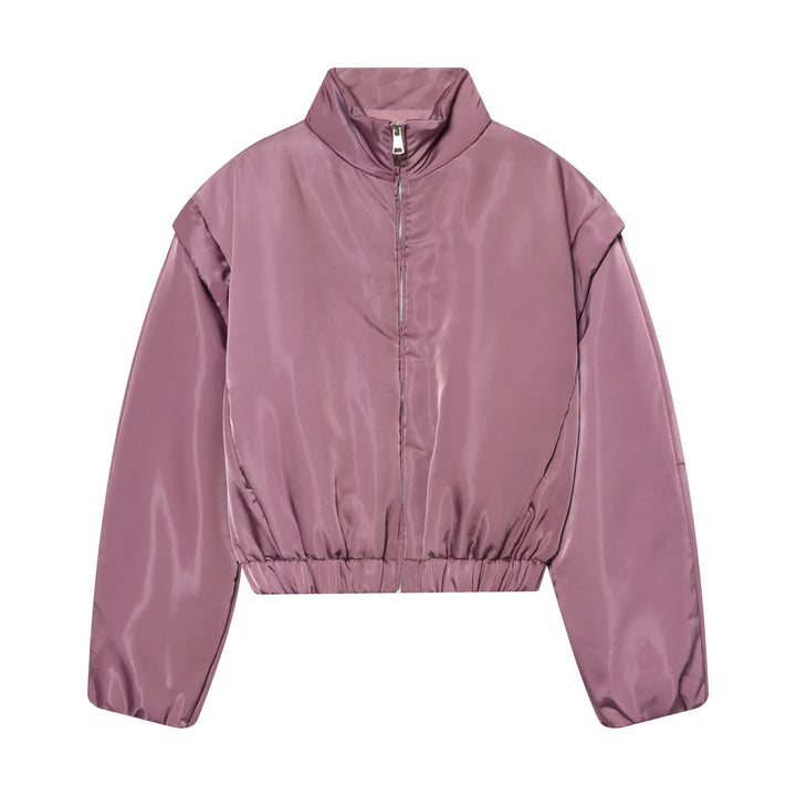 Women's Cropped Bomber Jacket in Satin Look with Stand Collar and Waist Drawstring Mune Fashion