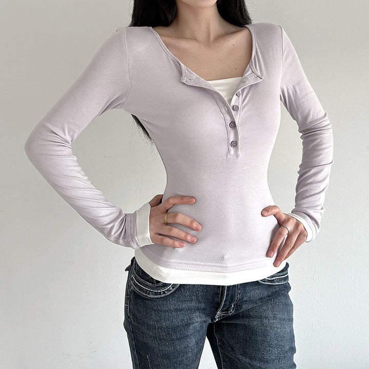 Women's tailored henley crop long sleeve with contrasting hem and sleeve cuffs Mune Fashion
