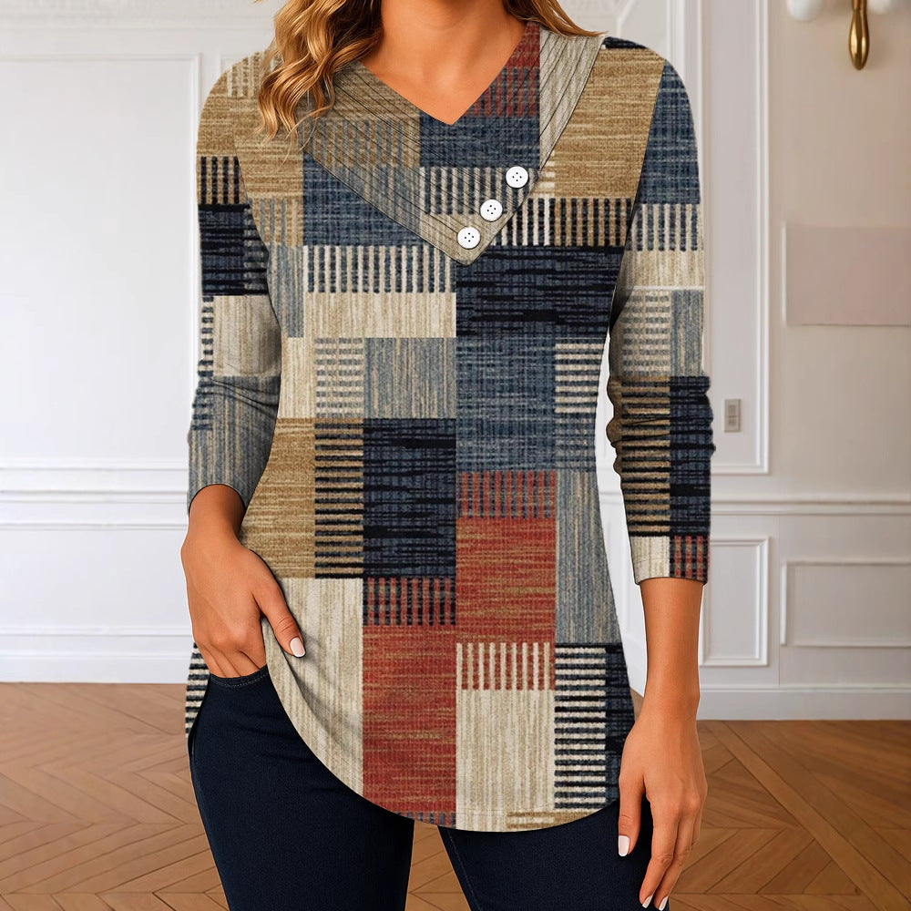 Women's long sleeve tunic with asymmetric V-neck, decorative button placket, and checkered patchwork pattern Mune Fashion
