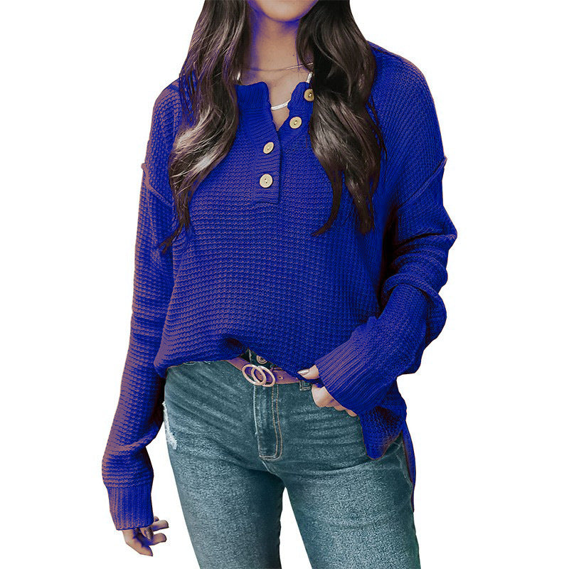 Women's Relaxed Waffle Texture Henley Pullover with Button Placket and Dropped Shoulder Mune Fashion