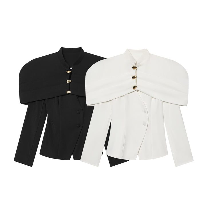 Women 100+ elegant tailored blazer with cape shoulder and golden decorative buttons Mune Fashion