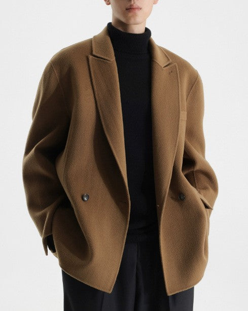 Men's Boxy Wool Blend Short Coat with Double Button and Notched Lapel Mune Fashion