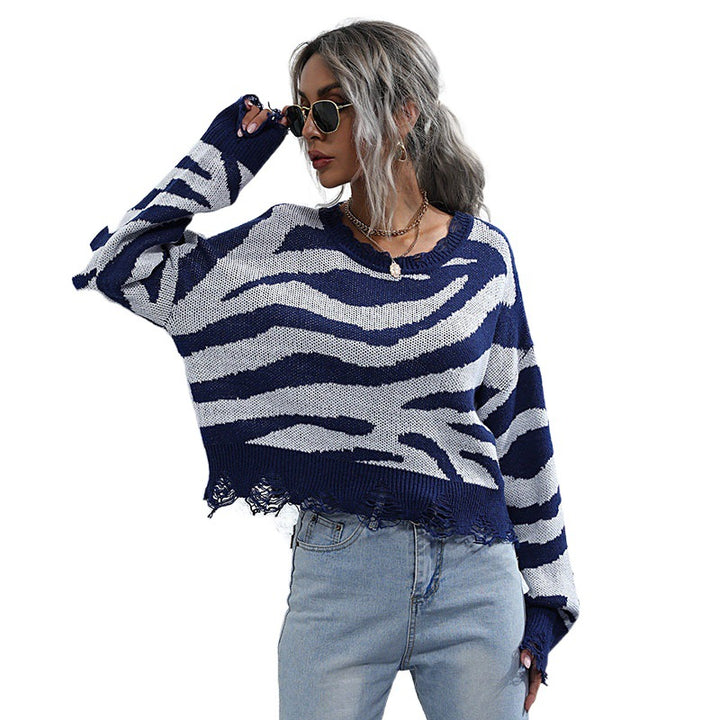 Ladies Stylish Cropped Sweater with Zebra Pattern Mune Fashion
