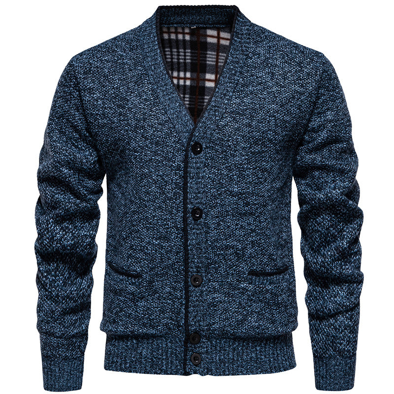 Men's Structured V-Neck Knit Cardigan with Contrasting Edge and Checked Lining Mune Fashion