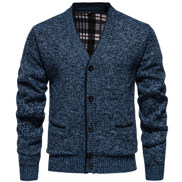 Men's Structured V-Neck Knit Cardigan with Contrasting Edge and Checked Lining Mune Fashion