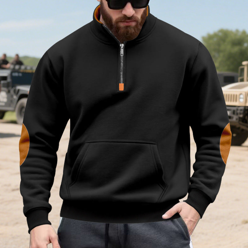 Men's half-zip sweatshirt with stand-up collar, kangaroo pocket, and contrasting elbow patches Mune Fashion