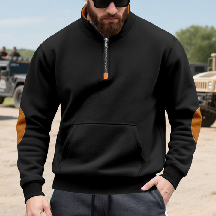 Men's half-zip sweatshirt with stand-up collar, kangaroo pocket, and contrasting elbow patches Mune Fashion