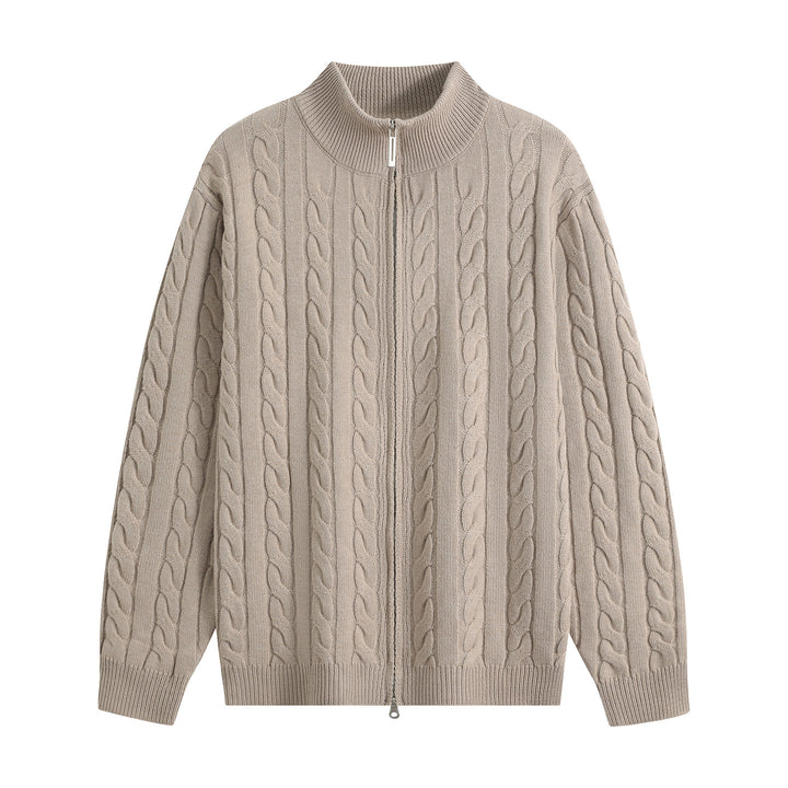 Men's Chunky Knit Zip-Up Cardigan with Cable Pattern, Stand-Up Collar and Oversized Cut Mune Fashion