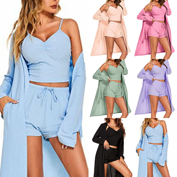 Women's three-piece lounge set with long kimono, ribbed spaghetti strap crop top and elastic drawstring shorts Mune Fashion