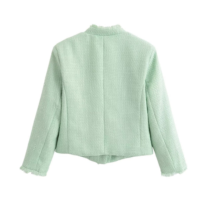 Women short cut bouclé tweed jacket with fringe trim and round neckline Drune