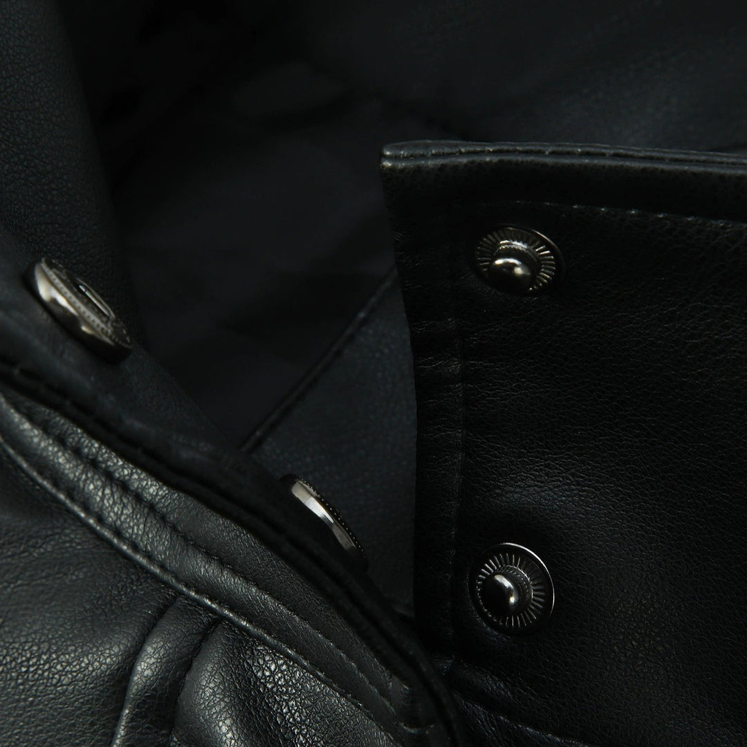 Women Oversized Leather Jacket with High Stand-Up Collar and Shoulder Patches Mune Fashion