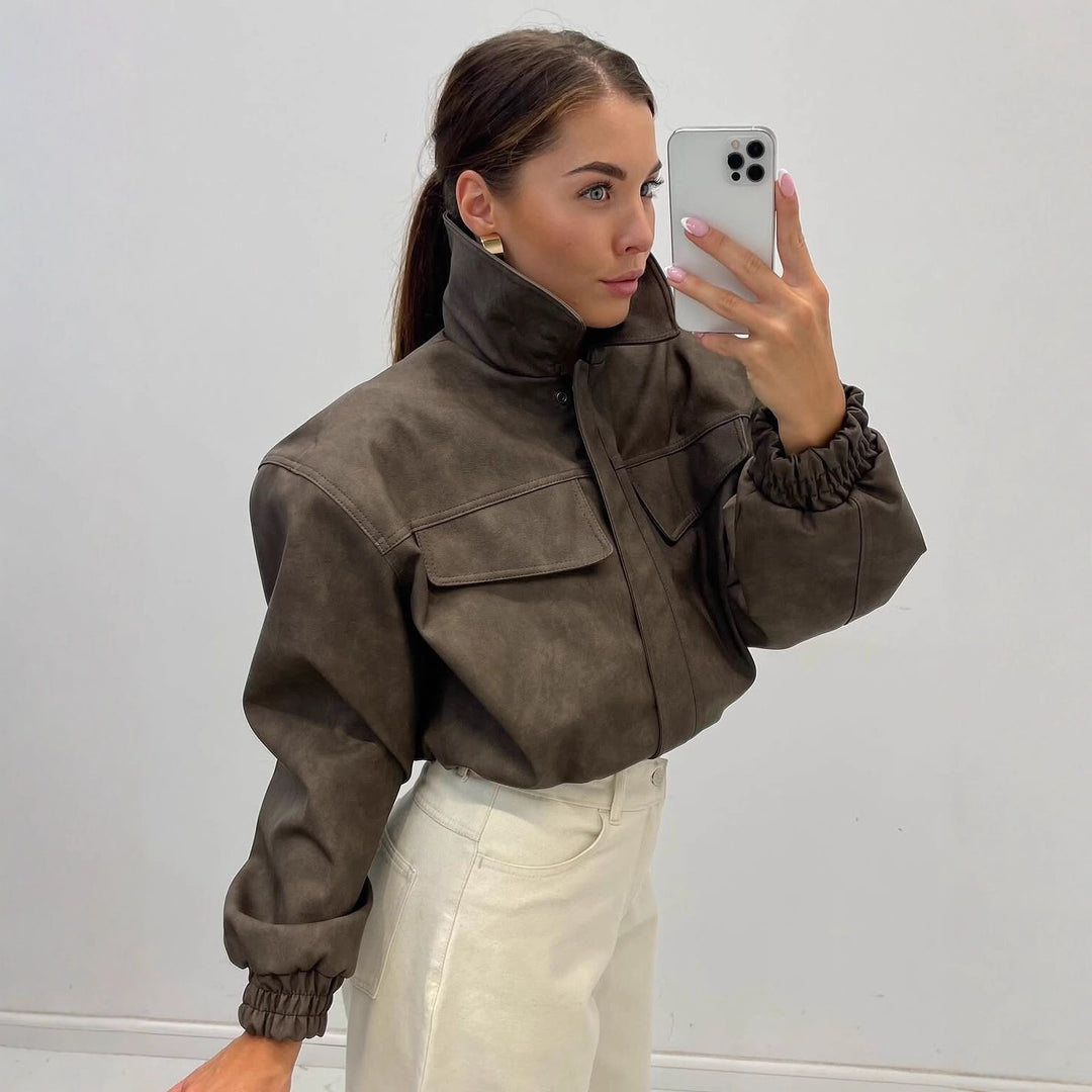 Women short cut faux leather jacket with patch chest pockets Mune Fashion