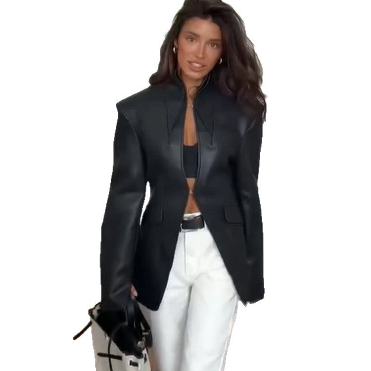 Women's tailored vegan leather blazer with sculpted seams and stand-up collar Mune Fashion