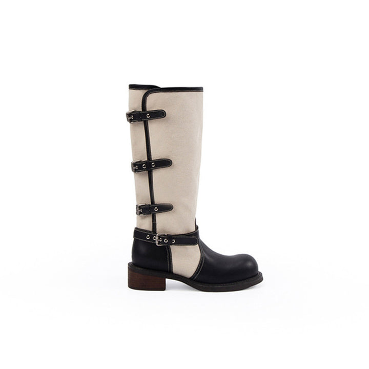 Ladies knee-high leather-canvas boots with adjustable buckles Mune Fashion