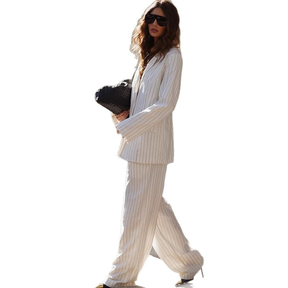Women's Two-Piece Pinstripe Suit Set with Oversized Blazer and Wide Pleated Trousers Mune Fashion