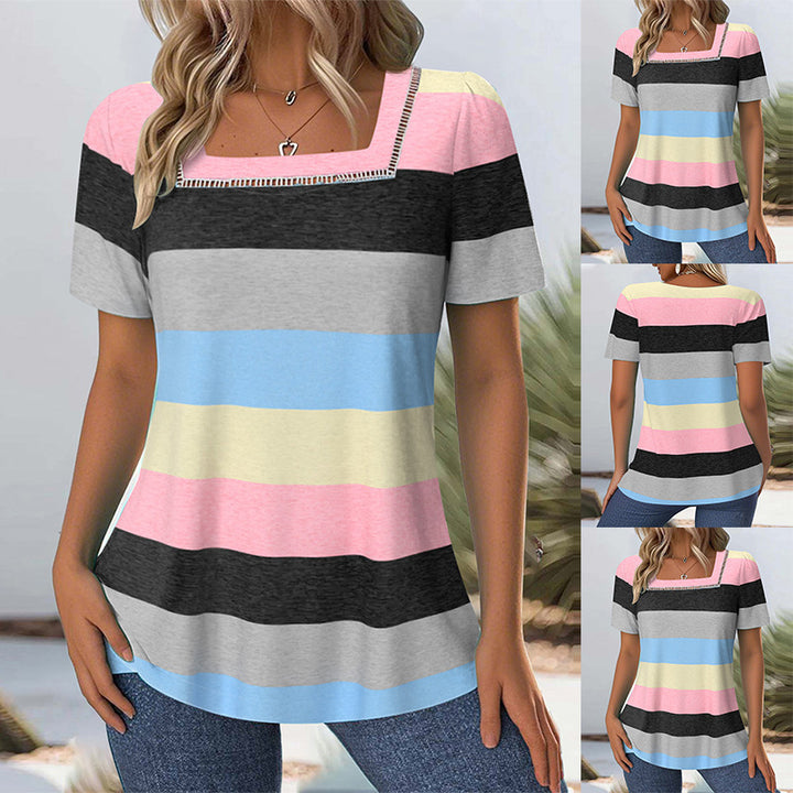 Women's striped jersey long shirt with square neckline and casual hip length Mune Fashion