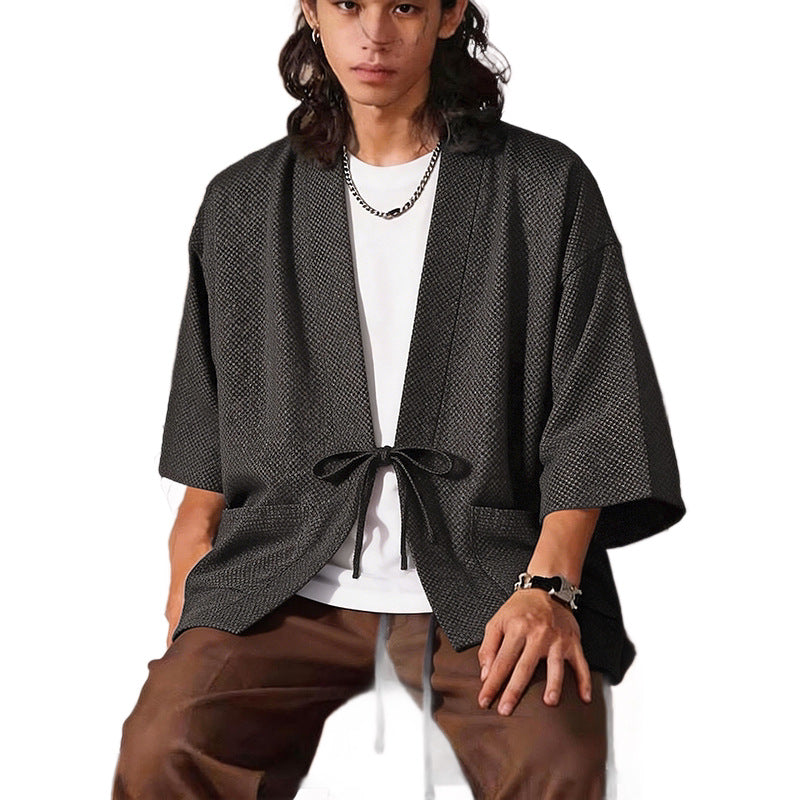 Men's Loose Kimono Cardigan made of textured cotton blend with short sleeves and tie Mune Fashion