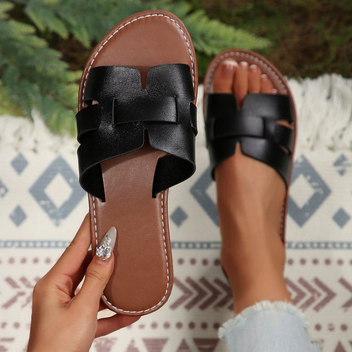 Women’s flat pantolettes with slotted strap design and cushioned comfort footbed Mune Fashion