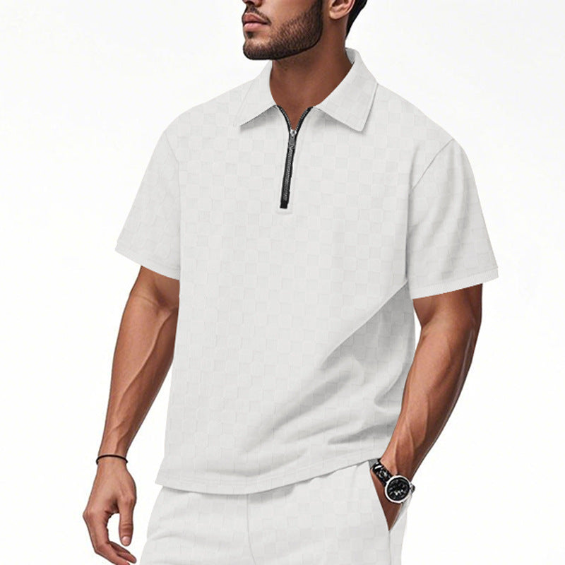 Men's short half-zip polo shirt made of structured waffle piqué with shirt collar and fitted silhouette Mune Fashion
