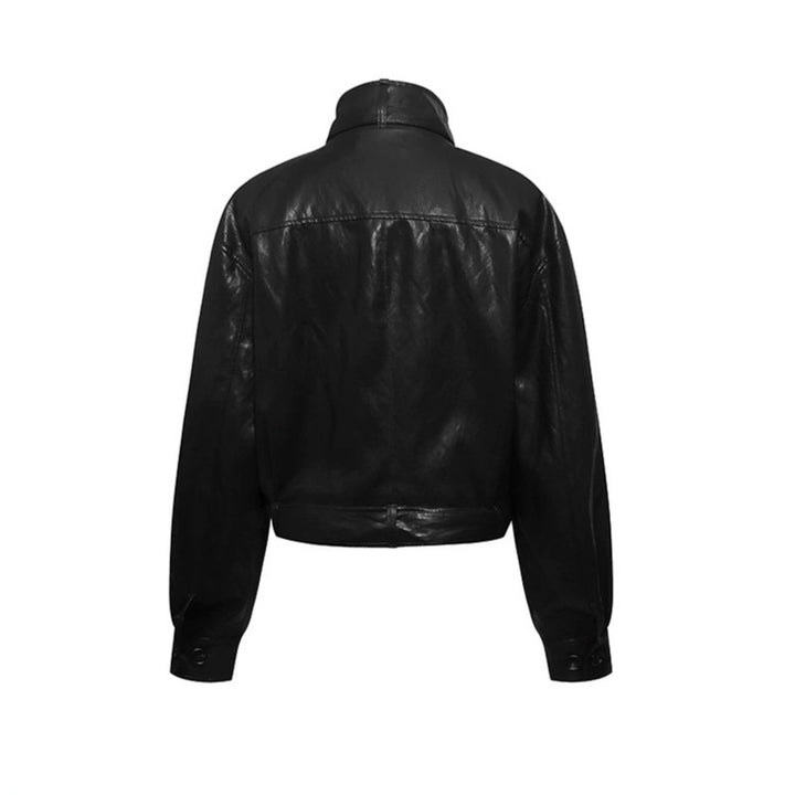 Women short double-breasted leather jacket with stand collar and waist belt Mune Fashion