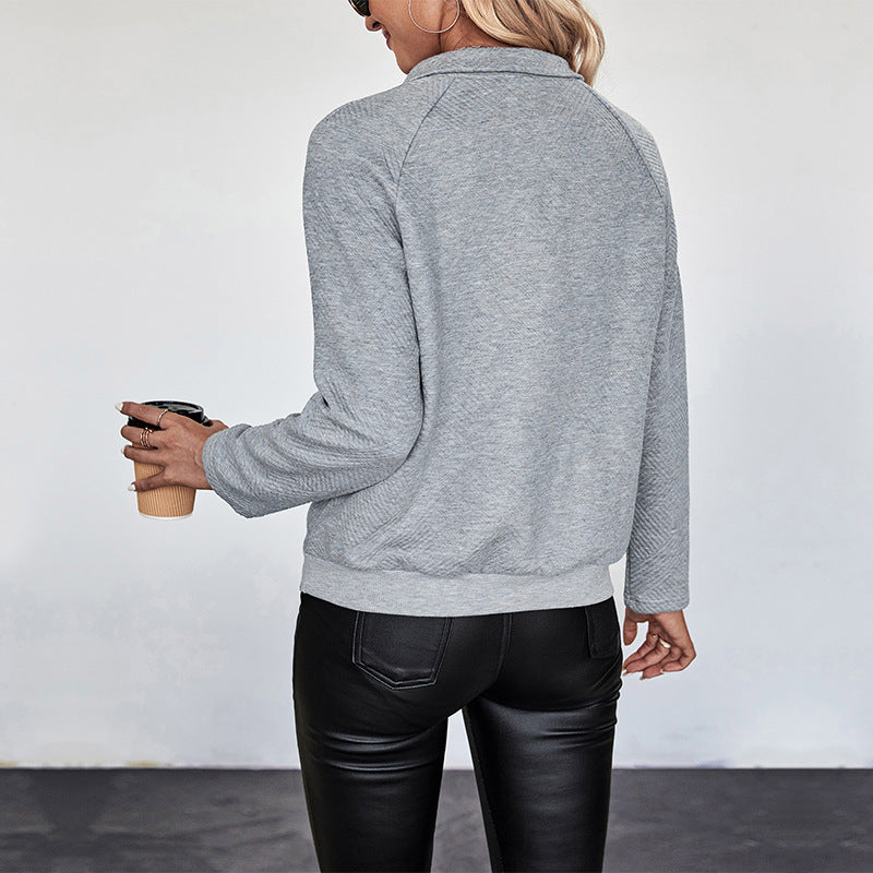 Ladies Quilted Sweatshirt with Stand-up Collar, Snap Button Placket and College Print Mune Fashion